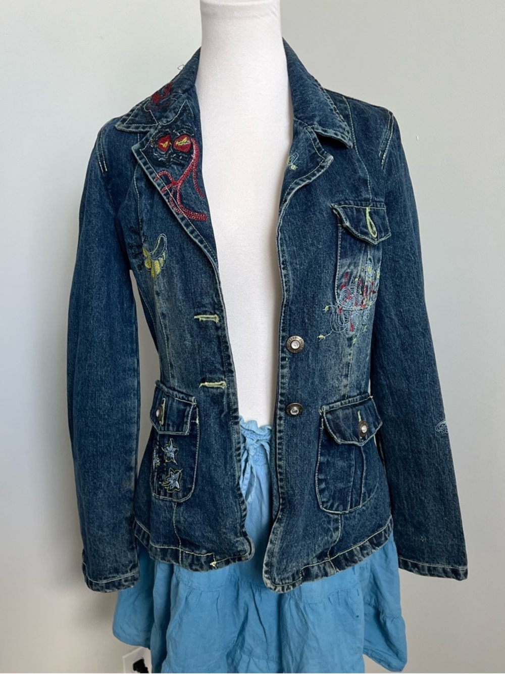 Vintage Embroidered Denim Coat – Boho Fairycore Y2K Jacket S - Picture 5 of 9